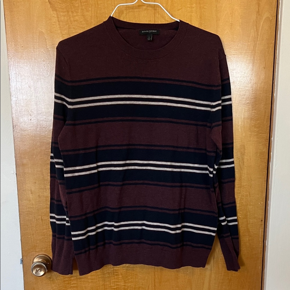 Banana Republic Burgundy and Navy Striped Crewneck Sweater